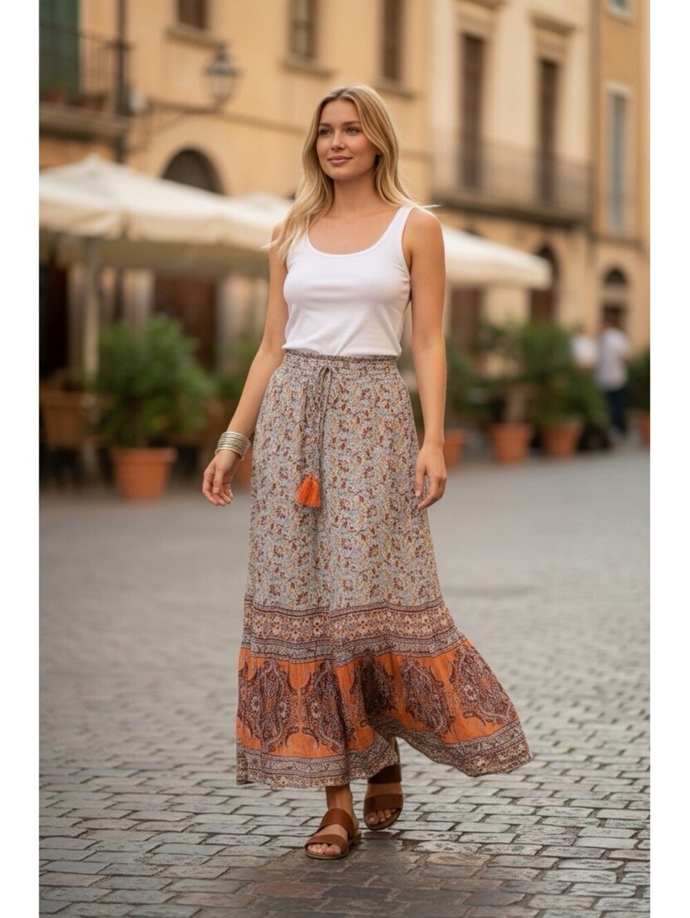 Lola P. Beautiful Orange Paisley Maxi Skirt Rayon Tassled Elastic Waist S/M BOHO